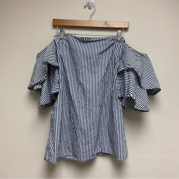 Faithfull the Brand Women Blue White Cotton House Top Louvre Stripe Print Size 2 - Picture 2 of 12